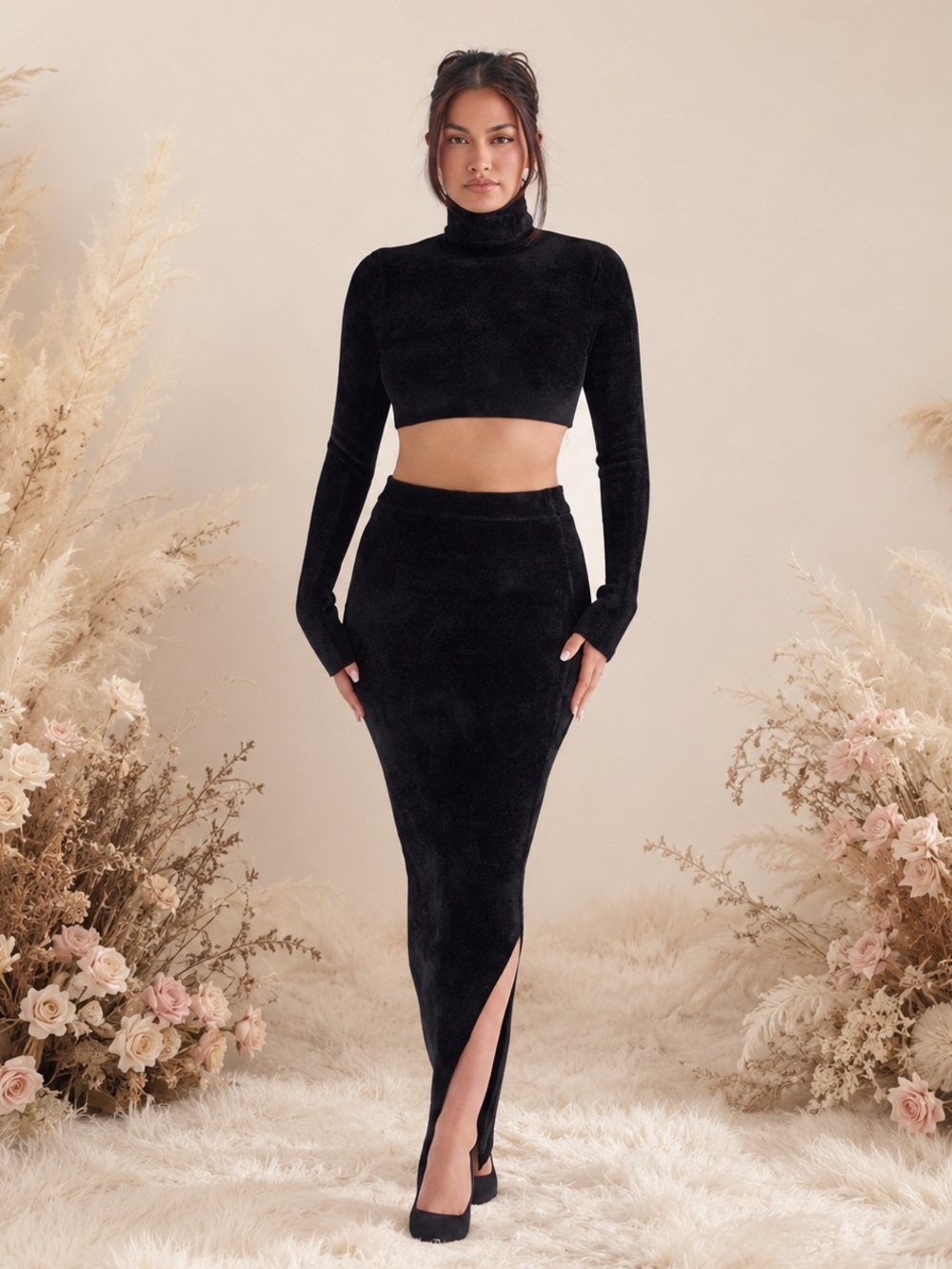 2 pieces house of cb suri black chenille cropped top + skirt